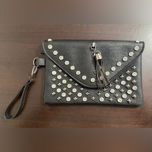 Studded Black Envelope Clutch Wristlet | Faux Leather | Tassel Detail